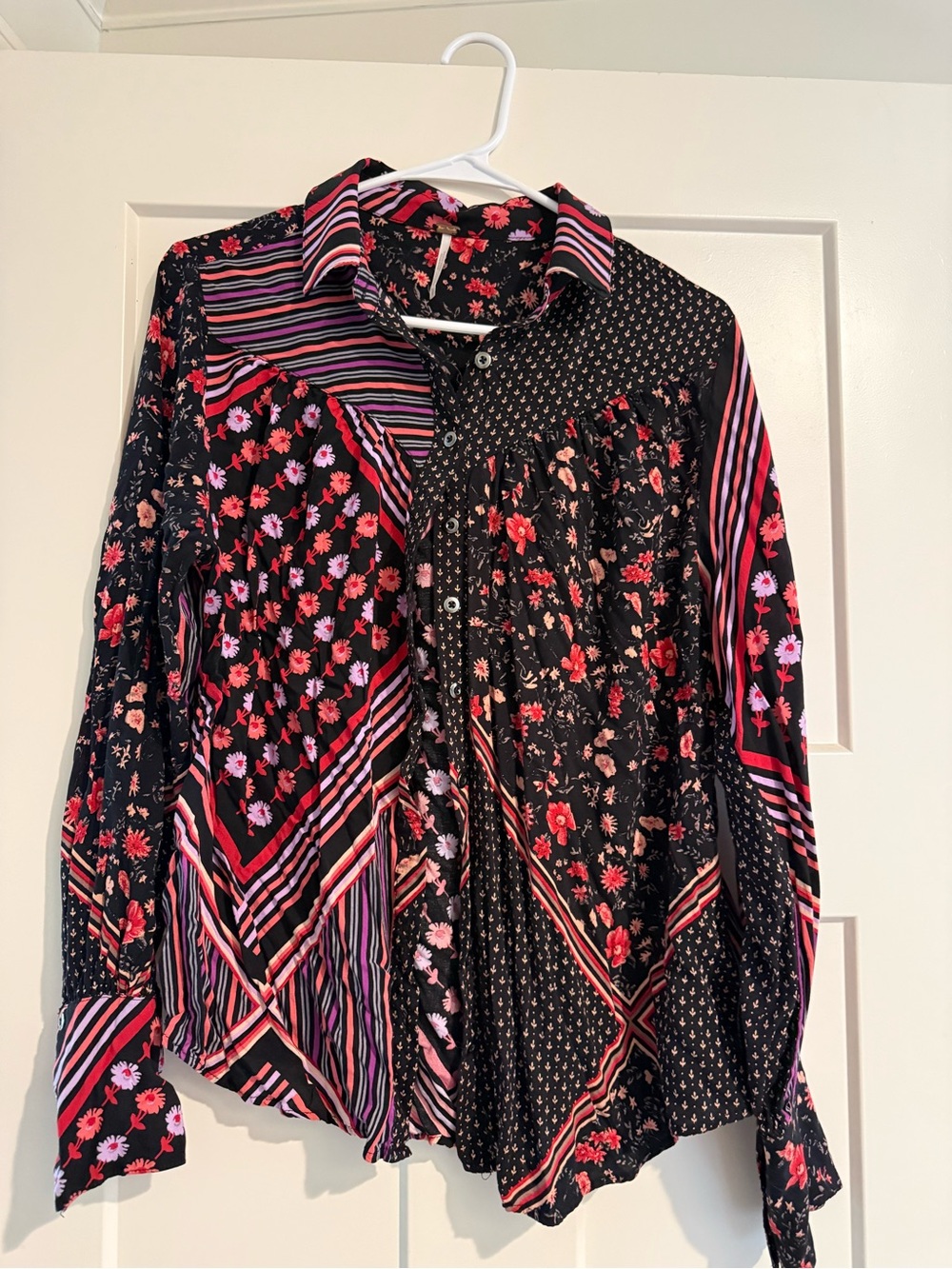 Free People Black Patchwork Floral Button-Up Blouse with Pink and Red Accents